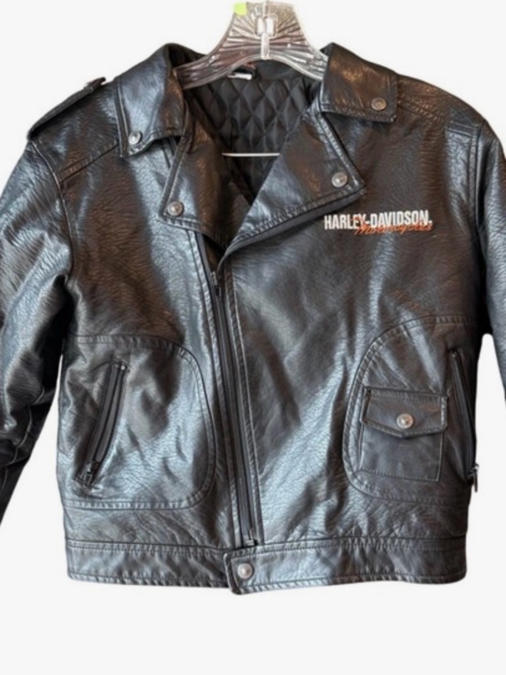 Harley-Davidson Black Leather Jacket with White and Orange Logo